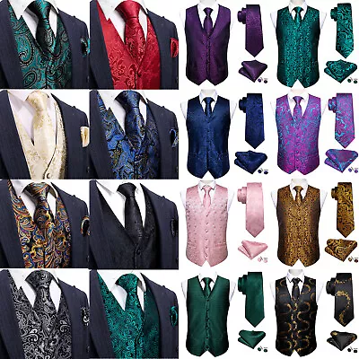 Buy UK Mens Vest Suit Paisley Floral Waistcoat Blue Black Gold Silk Tie Set Jacket • 9.99£