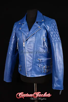 Buy Men's 'HIGHWAY' Cowhide Leather Jacket Blue MOTORCYCLE CRUISER Biker Jacket 233 • 84.15£