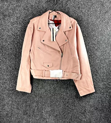 Buy Topshop Women Lambs Leather Jacket Size 12 Pink Short Biker Long Sleeve Belted • 139.99£