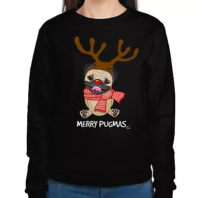 Buy 1Tee Womens Merry Pugmas Christmas Pug Wearing Reindeer Antlers Jumper • 19.99£