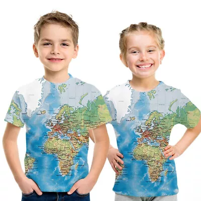 Buy New World Map 3D Colorful High Quality Print Kids Boys Girls T-Shirts Tops Tees • 15.73£