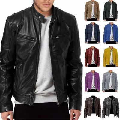 Buy UK Mens Jacket Cafe Racer Basic Vintage Leather Coats Casual Slim Fit Real Biker • 28.30£