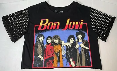 Buy Bon Jovi Crop Netted Short Sleeve Black Rock Band Tee T-Shirt 2017 Top Women's S • 19.85£