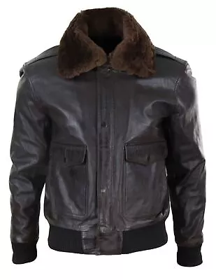 Buy Mens Real Leather Aviator Bomber Jacket Removable Fur Collar Pilot Flying Jacket • 124.99£