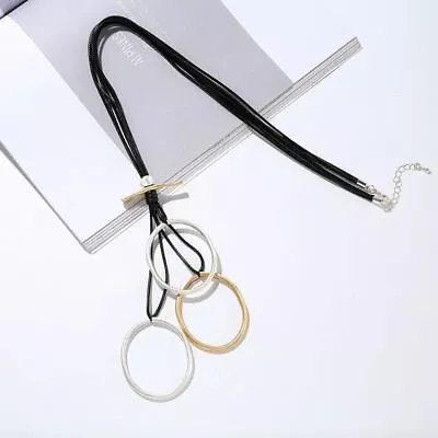 Buy 80cm Vintage Geometric Circle Pendant Necklace Black Leather Chain Rope Jewelry • 12.95£