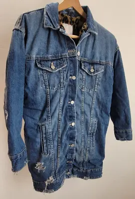 Buy Zara Trafaluc Denim Jean Jacket Distressed Destroyed Long Pockets Blue Medium • 25.75£