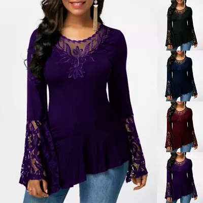 Buy Womens Lace Floral Long Bell Sleeve Tunic Tops Ladies Gothic Mesh T Shirt Blouse • 3.95£