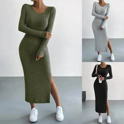 Buy Womens Ribbed Midi Dress Ladies Plain Bodycon Long Sleeve Causal Split Dresses • 3.69£