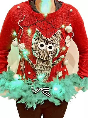 Buy CAT  Ugly Christmas Sweater Contest Tacky Lights Up Women’s Small • 24.05£