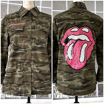 Buy CASLON Women's Army Green Camo Utility Jacket Rolling Stones Sequins Tongue PXS • 28.43£