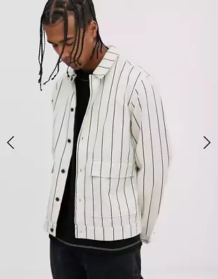 Buy Topman Cotton Baseball Overshirt Jacket In Ecru With Pinstripe - Medium • 10£