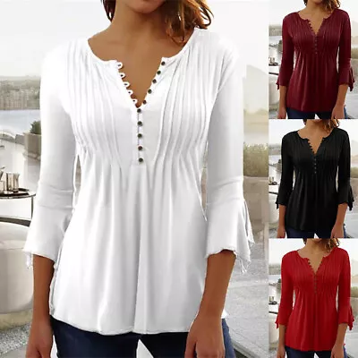 Buy Womens Button V-Neck Tops T-Shirts Ladies 3/4 Sleeve Casual Blouse Tee Plus Size • 12.39£