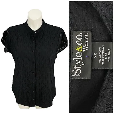 Buy Style & Co Top Womens Size 2X Black Lace Button Up Shirt Work Office Casual Date • 18.83£