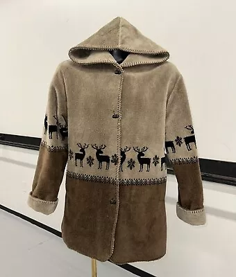 Buy Alpine Studio Womens Brown Tan Reversible Sherpa Fleece Hooded Jacket Deer Sz LG • 43.43£