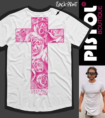 Buy Pistol Boutique Men's White Long Line Crew SKETCH ROSES CROSS Back Print T-shirt • 22.49£