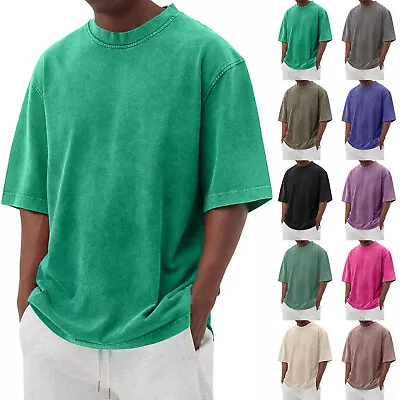 Buy Men's Summer Vintage T-shirt American Round Neck Batik Distress Cotton Tops Tees • 11.40£