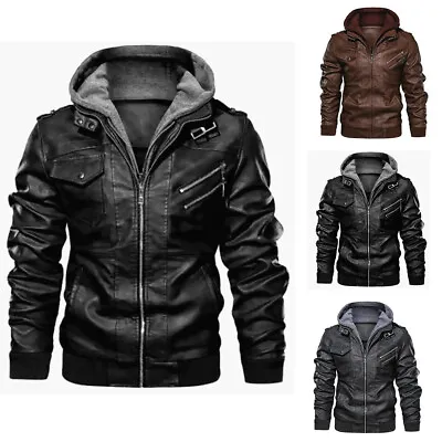 Buy Mens Motorcycle PU Faux Leather Hooded Biker Jacket Bomber Full Zip Up Coat Tops • 3.99£