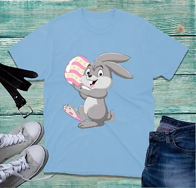 Buy Cute Little Easter Bunny Holding Easter Egg T-Shirt Easter Cartoon Egg Hunt Top • 11.99£