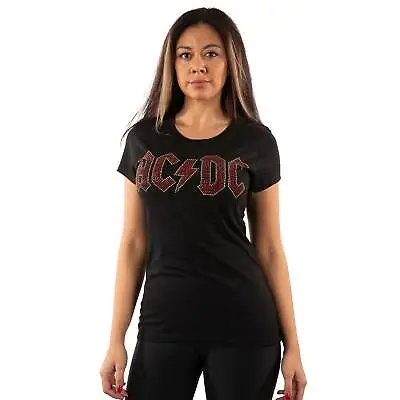 Buy Official AC/DC Logo Full Colour Diamante Ladies Black T Shirt AC/DC Tee • 18.95£