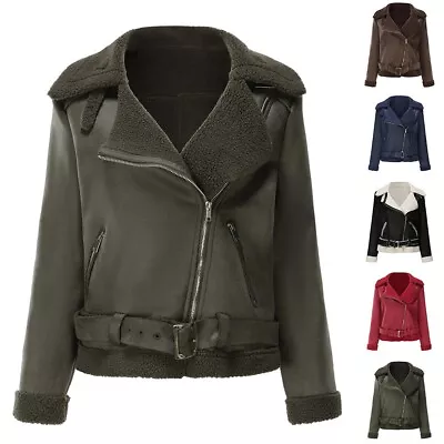 Buy Stylish Motorcycle Jacket For Women With Lapel Collar And Thick Warm Top • 27.52£