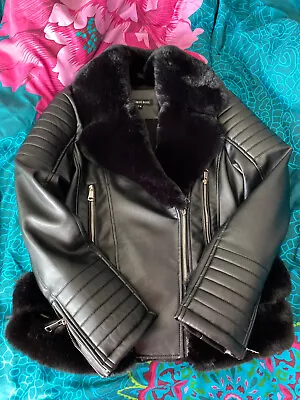 Buy Ladies Faux Leather Fur Jacket Fashion Black Size10 • 25£