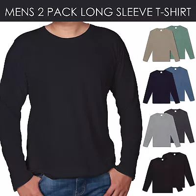 Buy Mens T-Shirt Long Sleeve 2 Pack Black Grey 100% Cotton Long Tee Crew Neck S-4XL • 11.99£