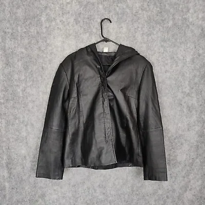 Buy Vintage Real Leather Hoodie Women's UK 12 Black Hooded Bomber Jacket Lined • 26.99£