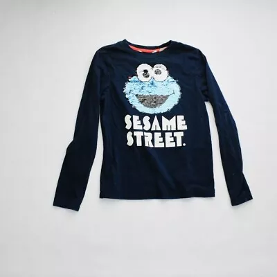 Buy H&M Boys Navy Blue Elmo Cookie Monster Sequin Long Sleeve T-Shirt Size 6-8 Youth • 11.80£