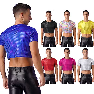 Buy Mens Crop Top Dancing Shiny Clubs Shirt Solid Color Tee Shows Costume Stage • 15.59£