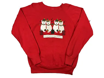 Buy Vtg Meowy Christmas Cute Cat Kitten Sweatshirt Sz L Red Holiday Folk Appliqué • 20.78£