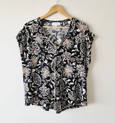 Buy WITCHERY Black Paisley Floral Print V-Neck Linen Tee SIZE MEDIUM 12 Tshirt Top • 20.87£