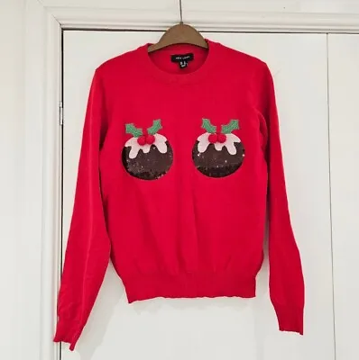 Buy New Look Red Christmas Pudding Sequin Top Jumper Size 8 Thin Holly Pom Pom • 15£