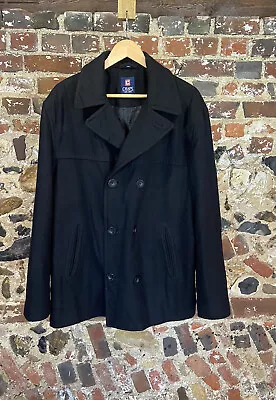 Buy CHAPS Pea Coat Size Large Wool Black   Pockets Designer 1978 Ralph Lauren • 49.99£