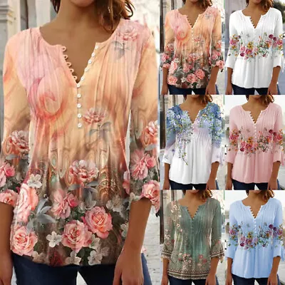 Buy Boho Womens Button V-Neck Tops T Shirts Tunic Floral Summer Blouse Tee Plus Size • 2.39£