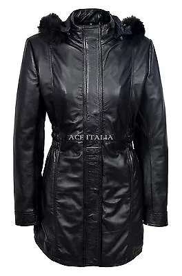 Buy SYLVIA Ladies Black Classic Mid Length Fur Collar 100 % Real Leather Jacket Coat • 92.24£