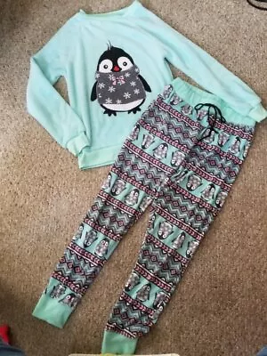 Buy SLEEP & CO Plush Blue-Green Penguin Fleece Pajamas Ladies M Size 8-10 • 14.09£