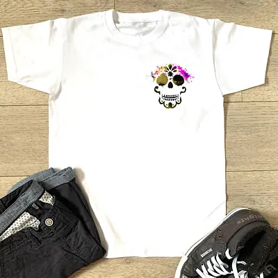Buy Skull Flower Crown Pocket T Shirt Day Of The Dead Party Halloween Birthday Gift • 13.34£