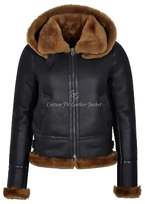 Buy Ladies Sheepskin Jacket Brown FUR Hooded B3 Flying Real Shearling Hoodie Jacket • 380£