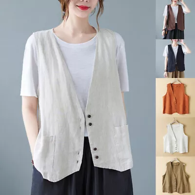Buy Women Buttons Coat Ladies Plain Solid Waistcoat Casual V Neck Cotton Linen Vest • 12.89£