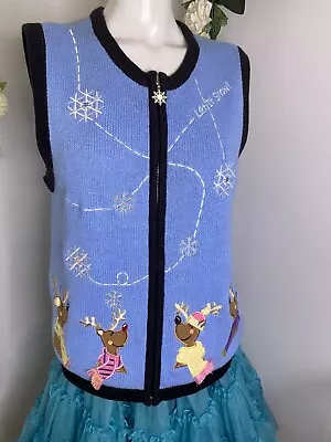 Buy Bechamel Blue Let It Snow Zip Up Ugly Christmas Sweater Vest Vintage Size Medium • 31.37£