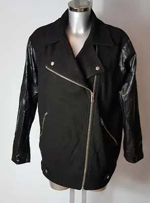 Buy Warehouse Womens Black Faux Leather Wool Coat Jacket Size Uk 10 Eu 38 • 14.99£
