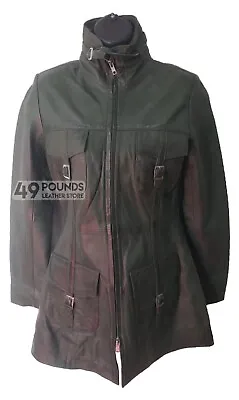 Buy LAUREN Ladies Hip Length Leather Coat Green Wax Real Leather Long Jacket P-678 • 34£