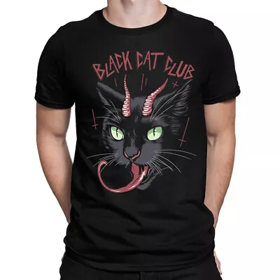 Buy Black Cat Club Mens T-Shirt | DTG Printed - Gothic Horned Satanic Goth Rock Punk • 12.95£