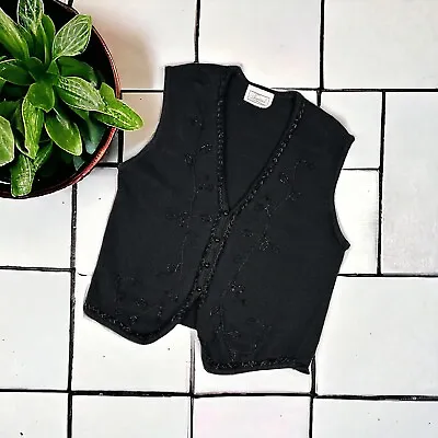 Buy VTG Sweater Vest Black Beaded Button Up Womens Size M Cotton Dressy Sleeveless • 24.01£