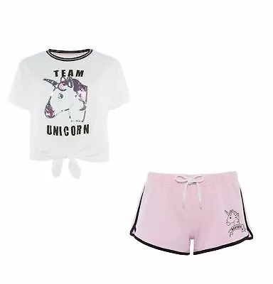 Buy Primark Ladies Team Unicorn Pyjamas Front Knot T-shirt Crop Top Shorts  • 13.99£