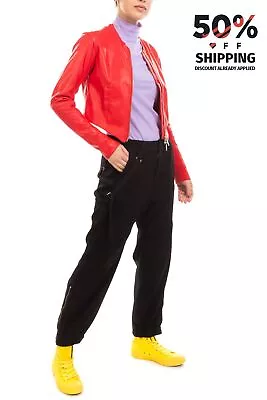 Buy RRP€260 TWINSET Cropped Jacket Size S Red PU Leather Ribbed Inserts Full Zip • 19.99£