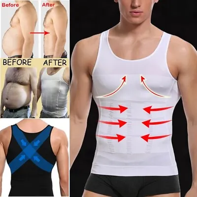 Buy Men Slimming Body Shaper Vest Abdomen Compression Shirt Workout Tank Tops Gym UK • 14.79£