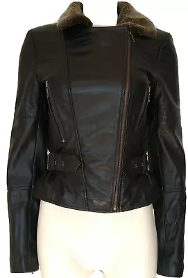 Buy Tiddy Wade Womens Black Genuine Leather Fur Collar Biker Jacket Size M Uk 8 • 34.99£