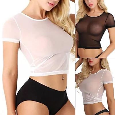 Buy Fashion Tops Blouse Tight Mesh Short Sleeve Transparent Shirts T-shirt • 6.04£