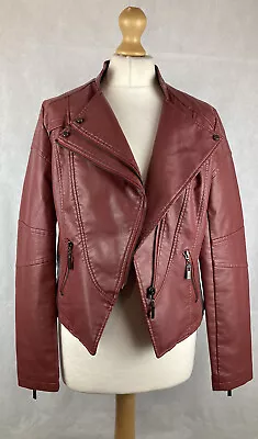 Buy Women’s Dark Red Faux Pu Leather Zip Up Biker Stitched Jacket UK10 NWT A27 • 24.99£